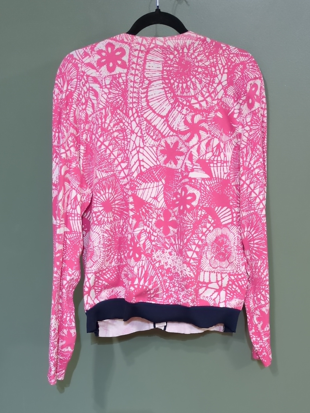 Tory Burch Pink Pattern V Neck Button Sweater W/ Navy Bomber Style Hem Sz XL - Picture 6 of 8